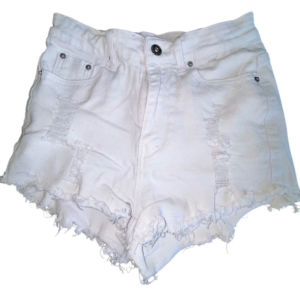 White Distressed High Waisted Denim Shorts Frayed Hem Size 4 S